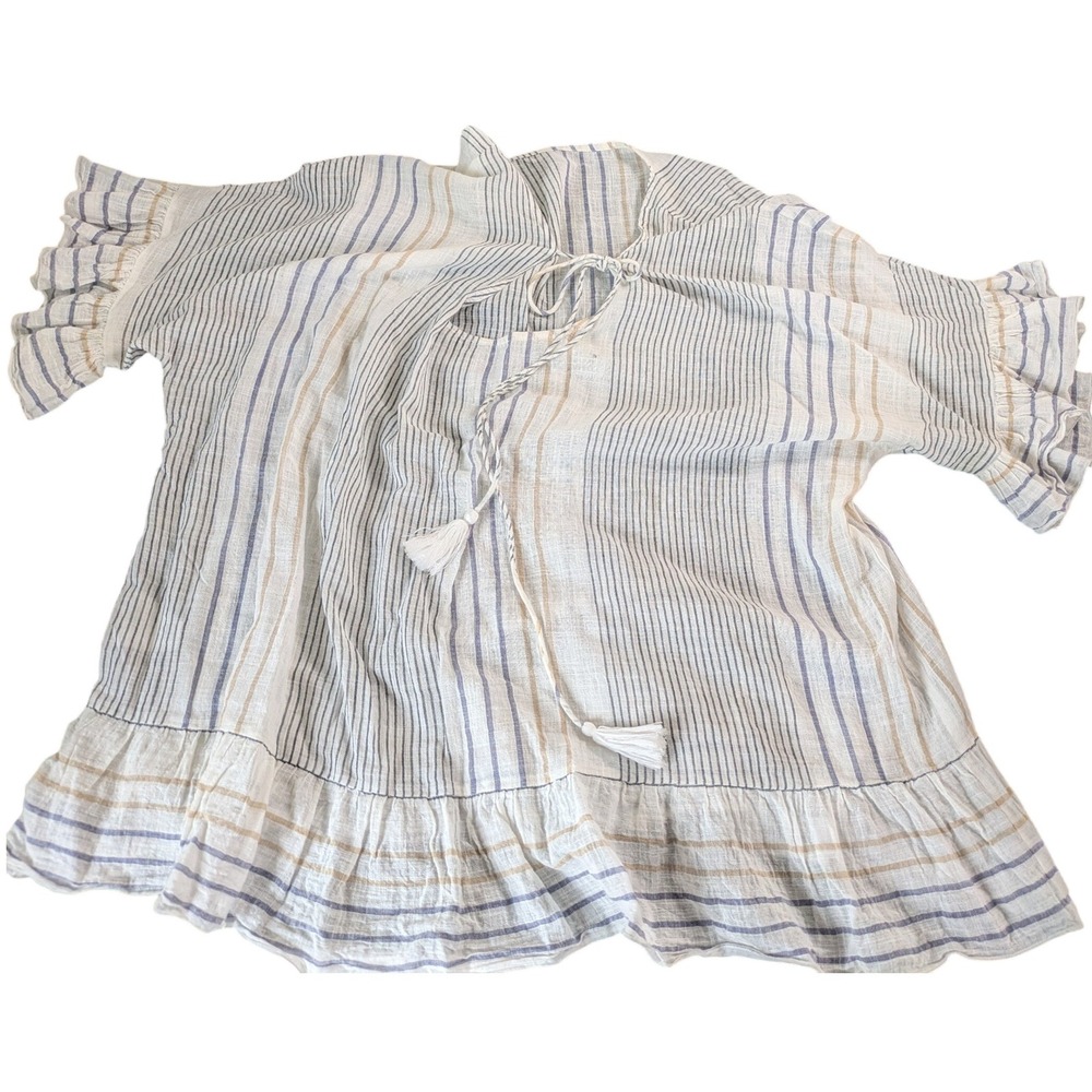 Miraclesuit XL Striped Cotton Caftan Swim Coverup Boho Tassel Tie Blue Tan